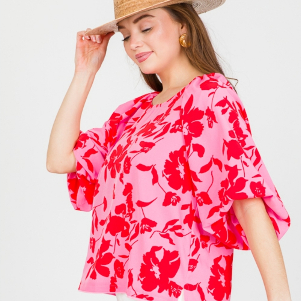 Umgee Floral Hawaiin Pink & Red  Short Sleeve Silky Blouse